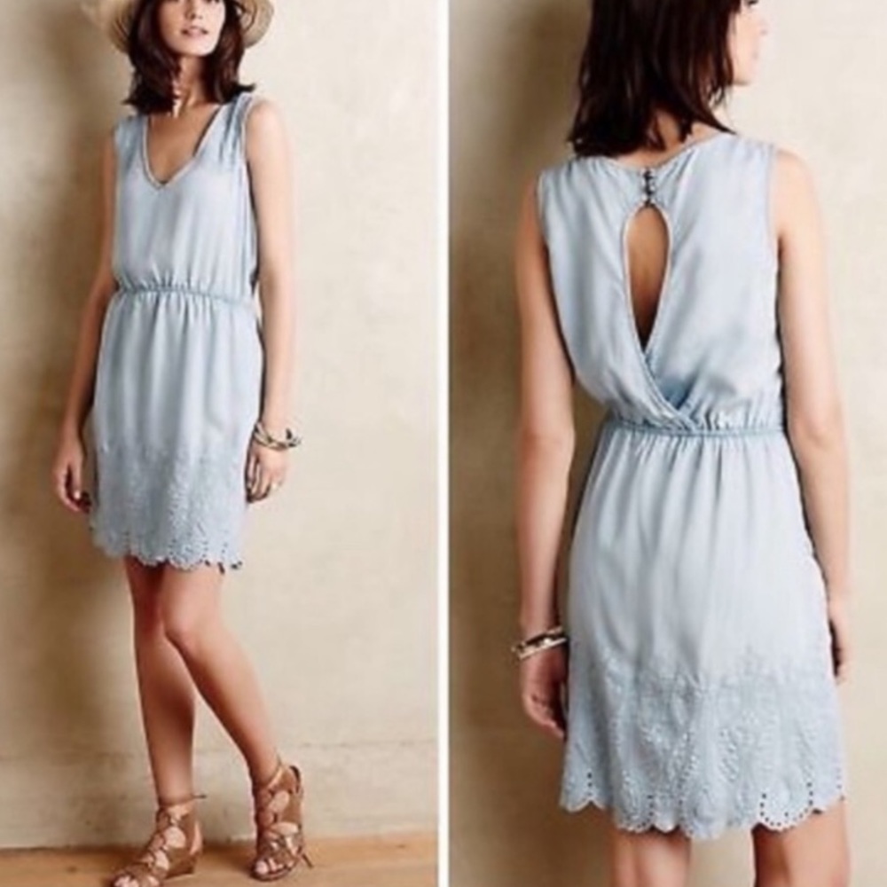 Anthropologie Light Blue Eyelet Trim Sleeveless Mini Dress